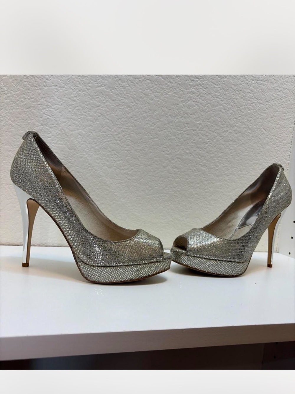 Michael Kors Silver Metallic Glitter Peep Toe Platform Heels